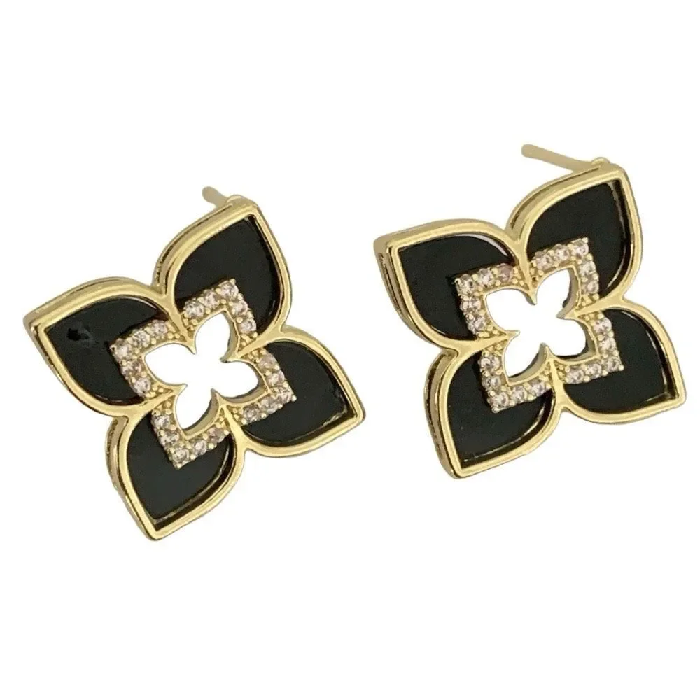 Black Enamel Quatrefoil Flower Stud Earrings with Crystal Accents
